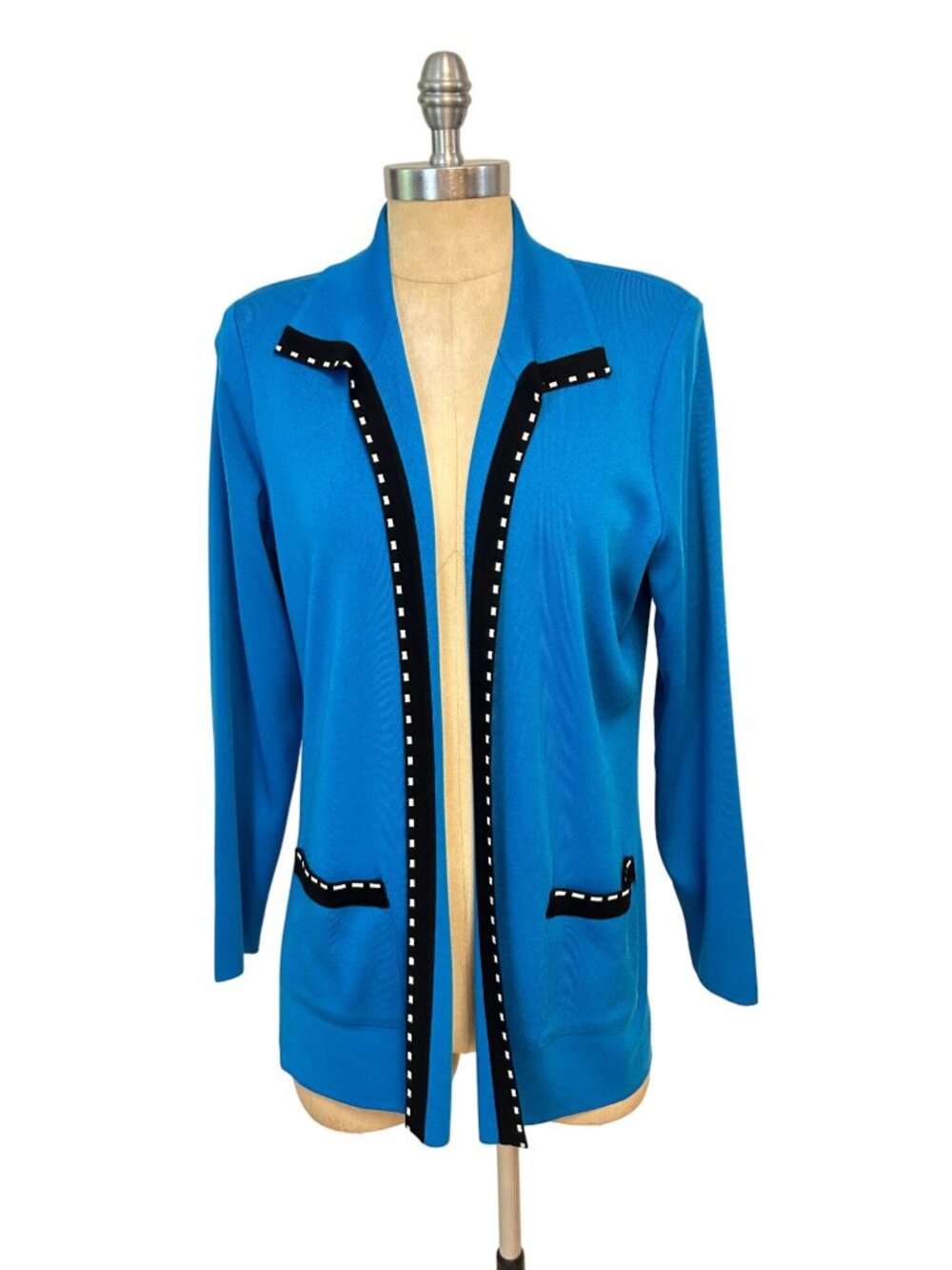 Exclusively Misook Womens Teal Cardigan Jacket W/ Black Trim Size Medium